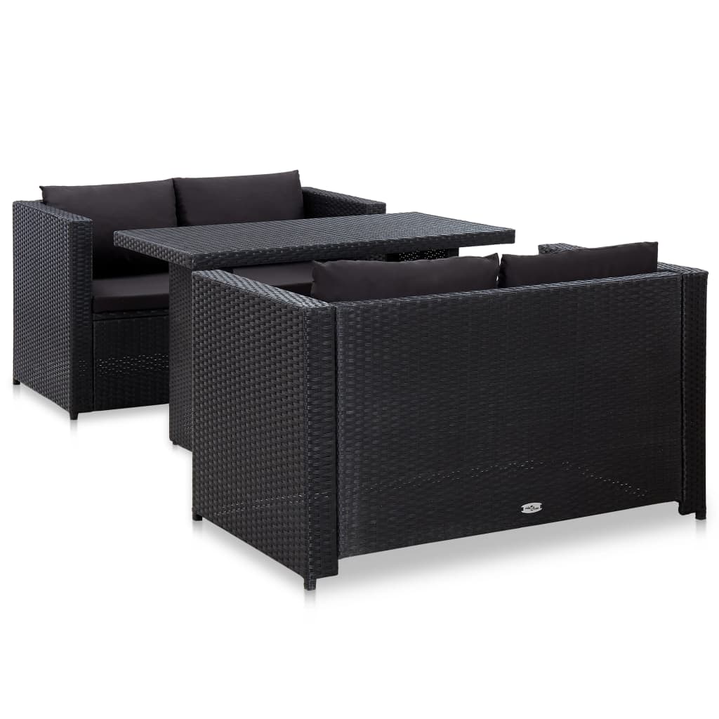 Salon de jardin 3 pcs avec coussins Résine tressée Noir