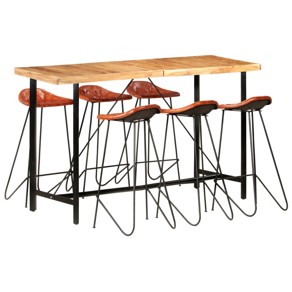 Ensemble de bar 7 pcs Bois solide et cuir véritable - XIOS