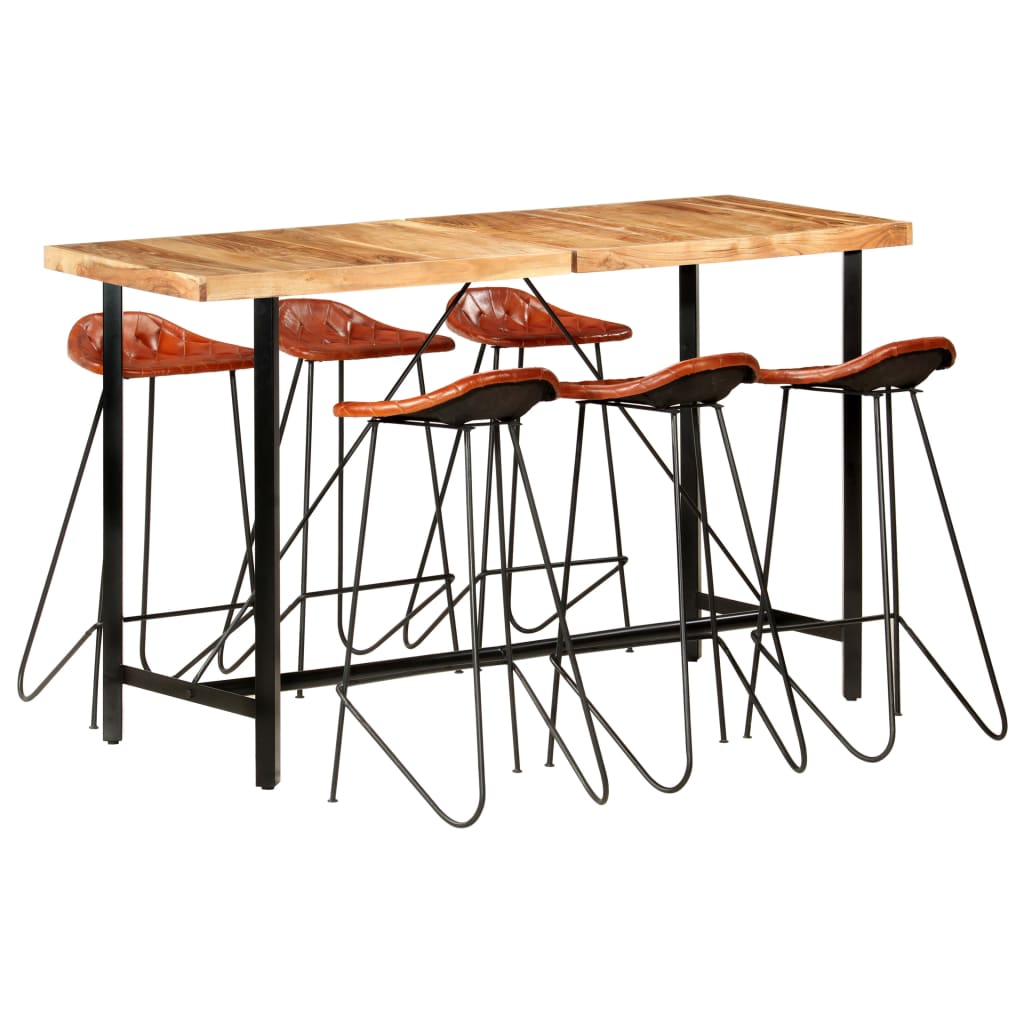 Ensemble de bar 7 pcs Bois d'acacia solide et cuir véritable - XIOS