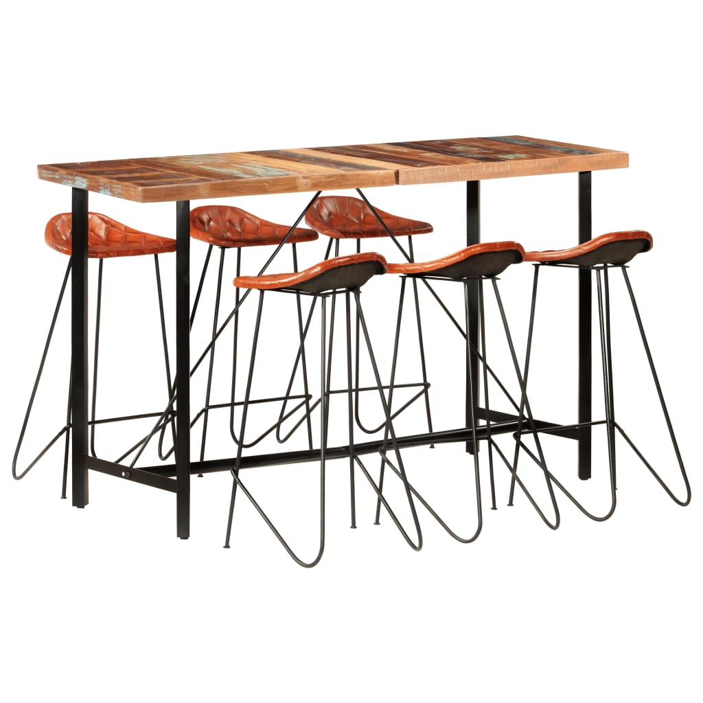 Ensemble de bar 7 pcs Bois de récupération et cuir véritable - XIOS