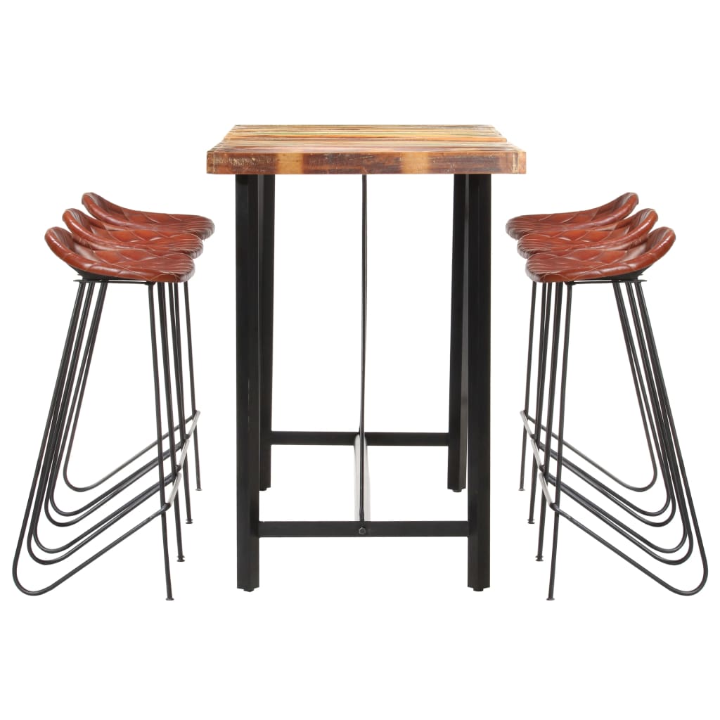 Ensemble de bar 7 pcs Bois de récupération et cuir véritable - XIOS