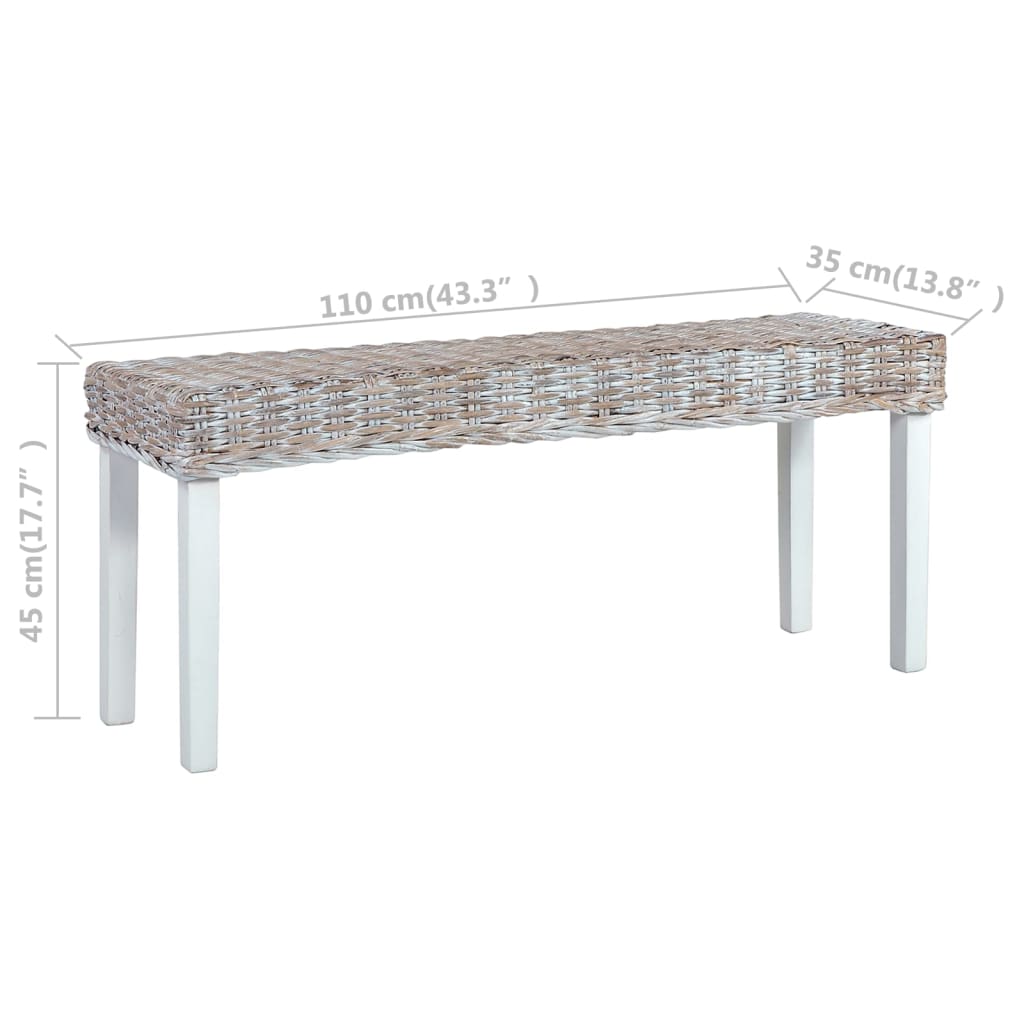 Banc 110 cm Blanc Rotin naturel kubu et bois d'acajou massif - XIOS