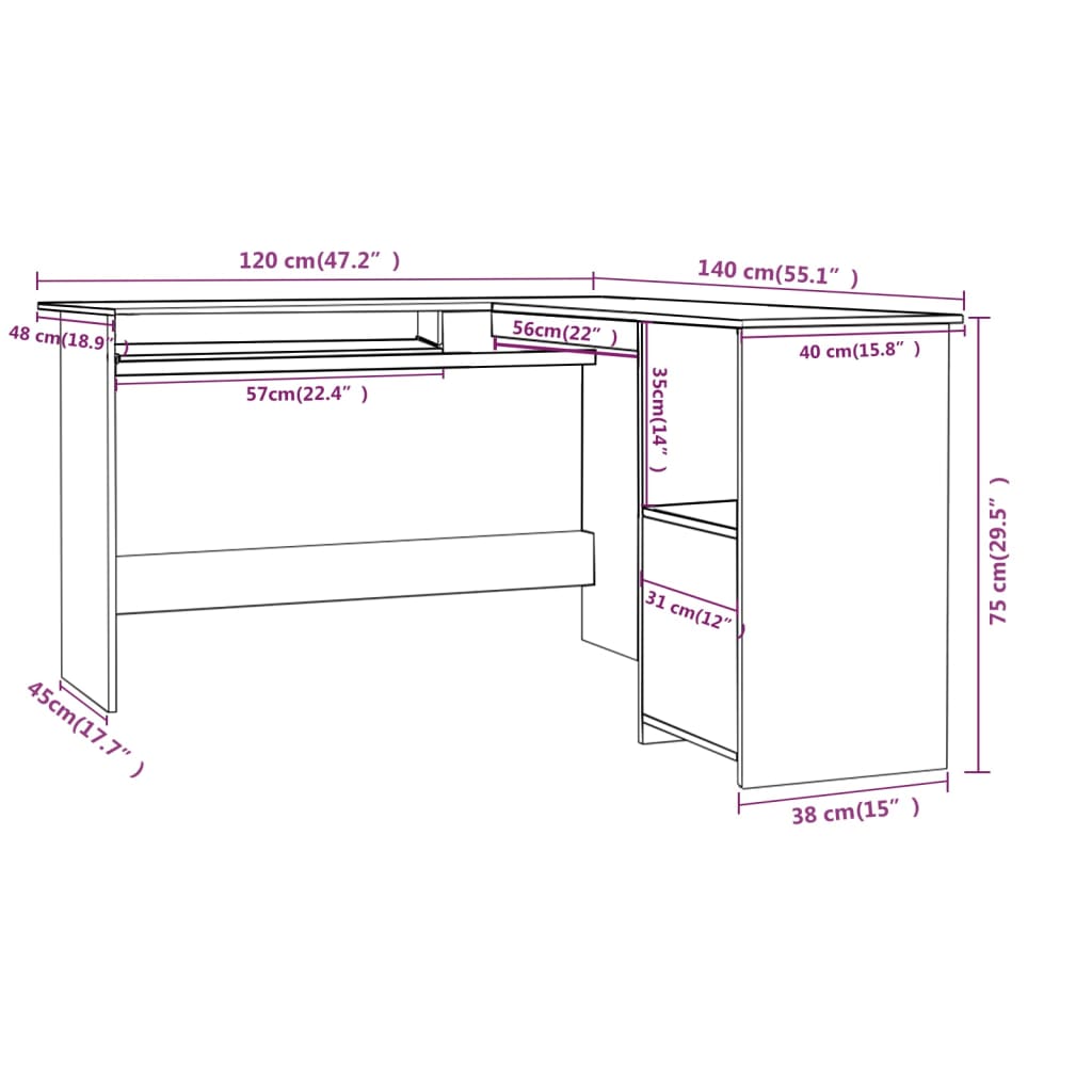 Bureau d'angle forme de L Noir brillant 120x140x75cm Aggloméré - XIOS