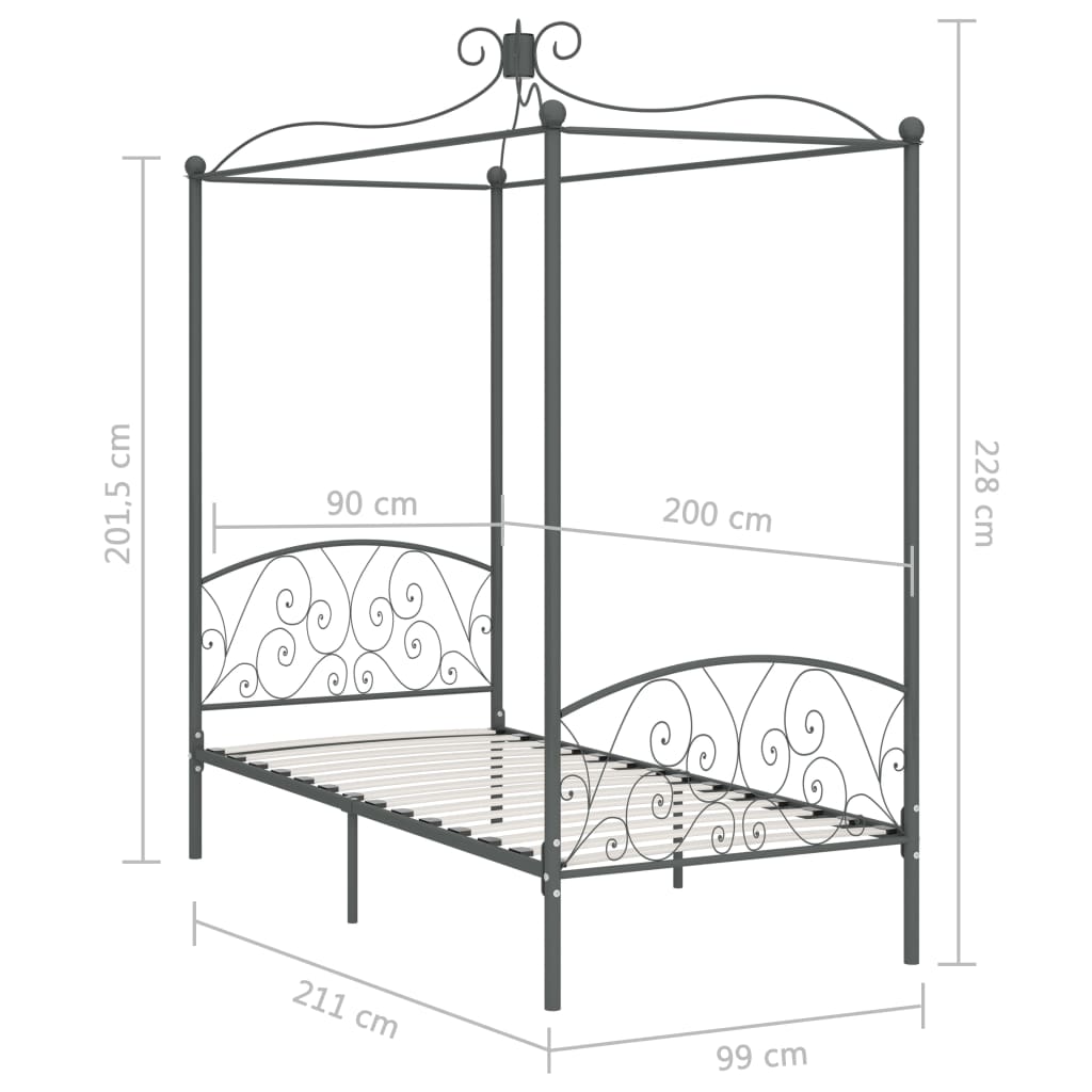 Cadre de lit à baldaquin sans matelas gris métal 90x200 cm - XIOS