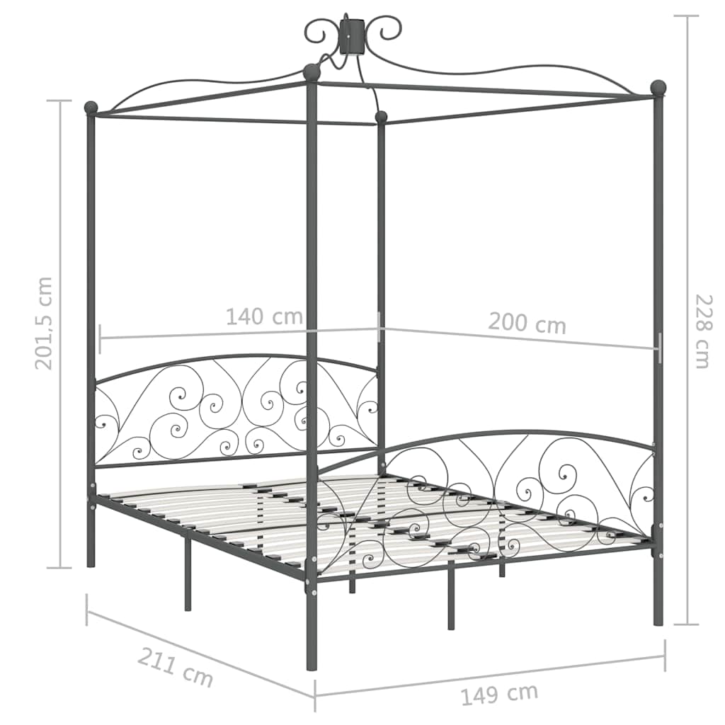 Cadre de lit à baldaquin sans matelas gris métal 140x200 cm
