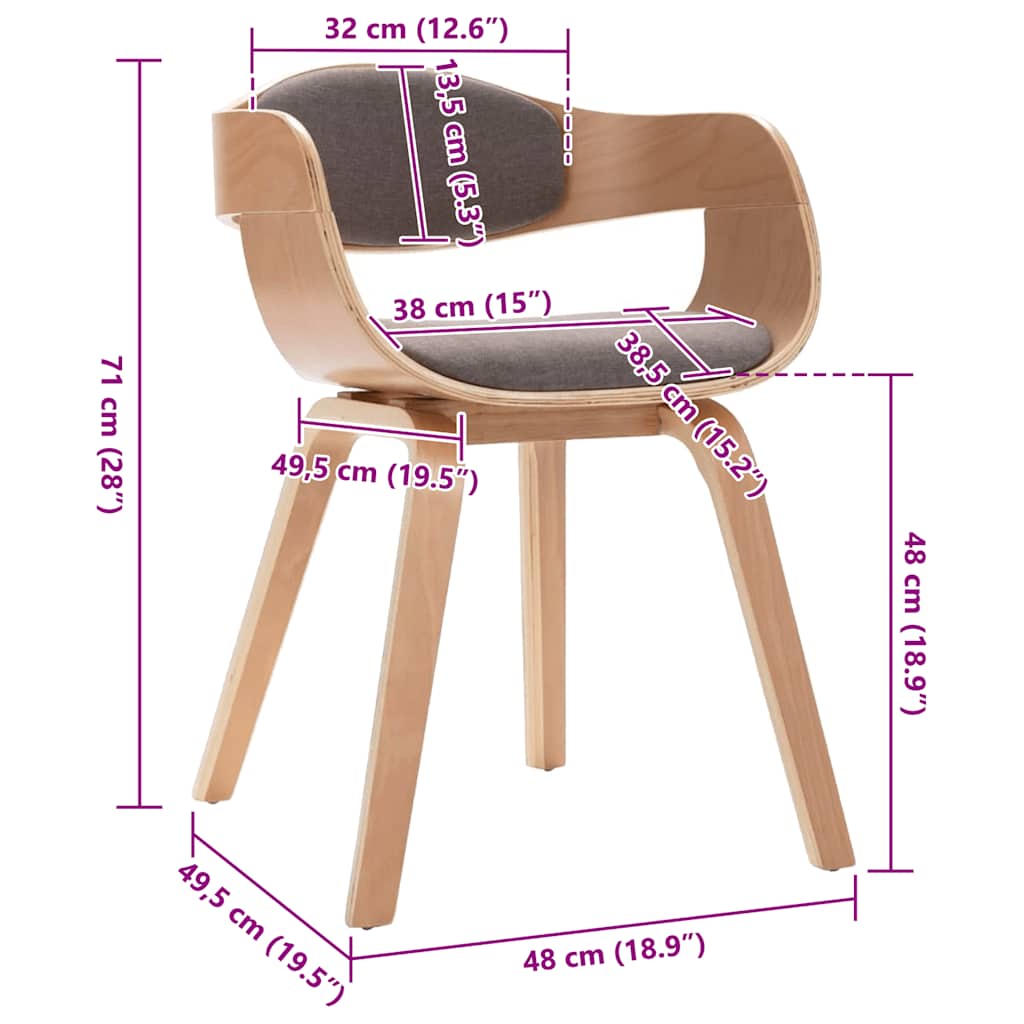 Chaises à manger lot de 2 bois courbé et tissu taupe