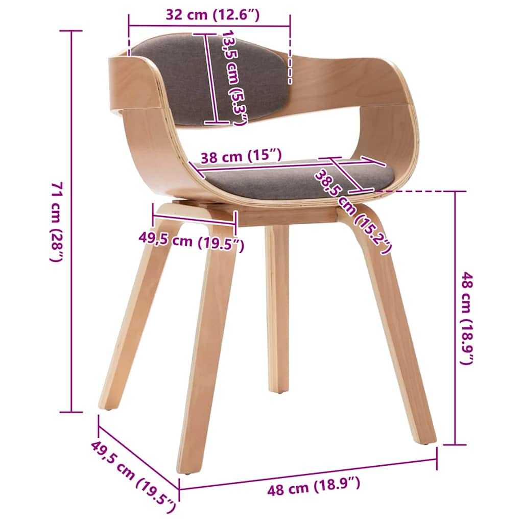 Chaises à manger lot de 2 bois courbé et tissu taupe