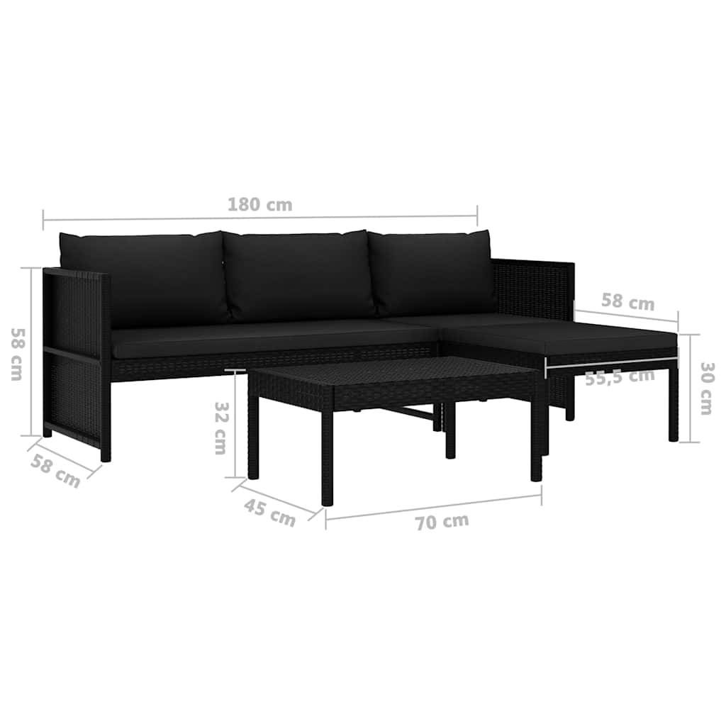 Salon de jardin 3 pcs avec coussins Résine tressée Noir