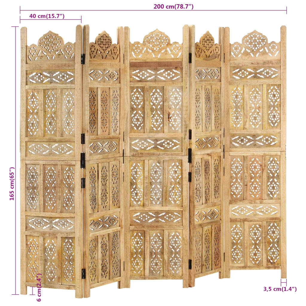 Cloison de séparation 5 panneaux 200x165 cm Bois de manguier - XIOS