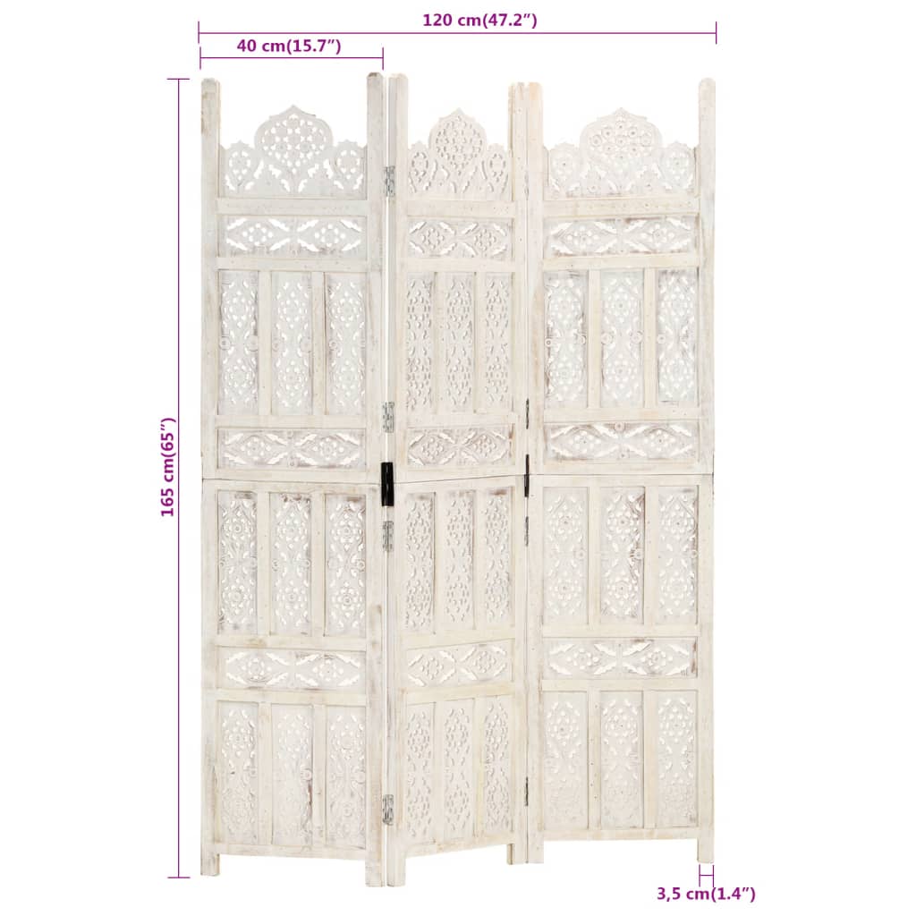 Cloison de séparation 3 panneaux Blanc 120x165 cm Bois manguier - XIOS