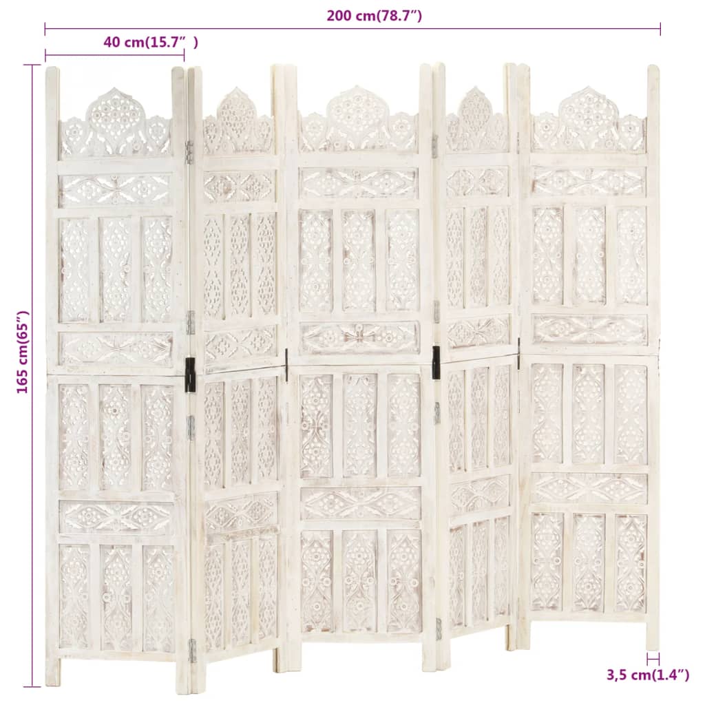 Cloison de séparation 5 panneaux Blanc 200x165 cm Bois manguier - XIOS