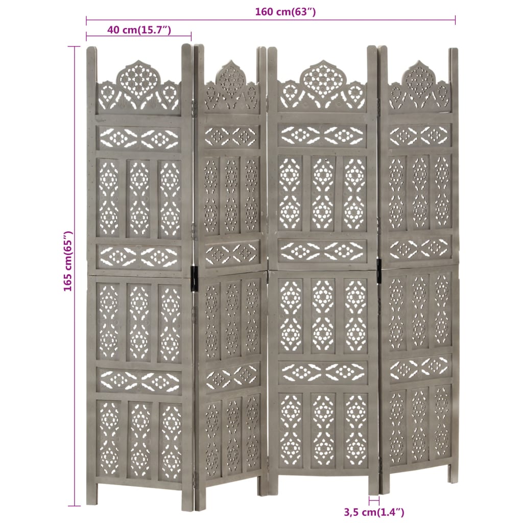 Cloison de séparation 4 panneaux Gris 160x165 cm Bois manguier - XIOS