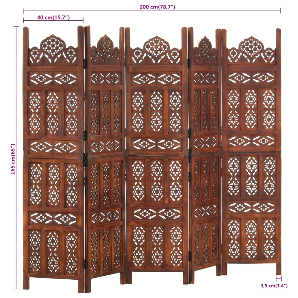 Cloison de séparation 5 panneaux Marron 200x165cm Bois manguier - XIOS