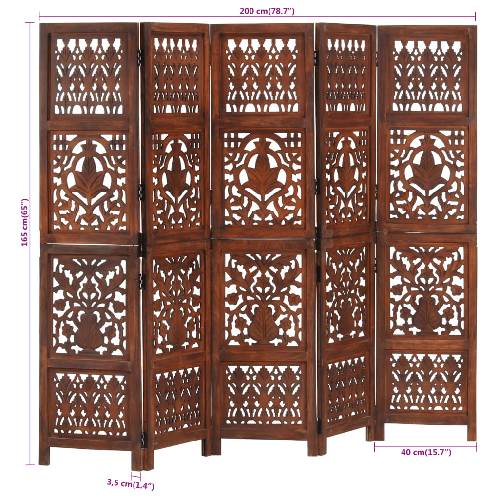 Cloison de séparation 5 panneaux Marron 200x165cm Bois manguier - XIOS
