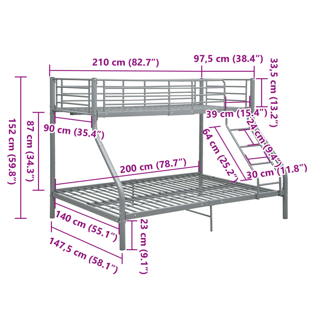 Cadre de lit superposé sans matelas gris 140x200 cm/90x200 cm - XIOS