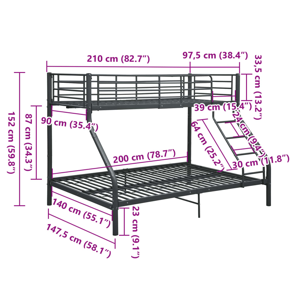 Cadre de lit superposé sans matelas noir 140x200 cm/90x200 cm - XIOS