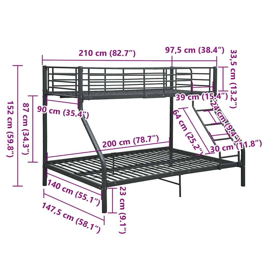 Cadre de lit superposé sans matelas noir 140x200 cm/90x200 cm - XIOS