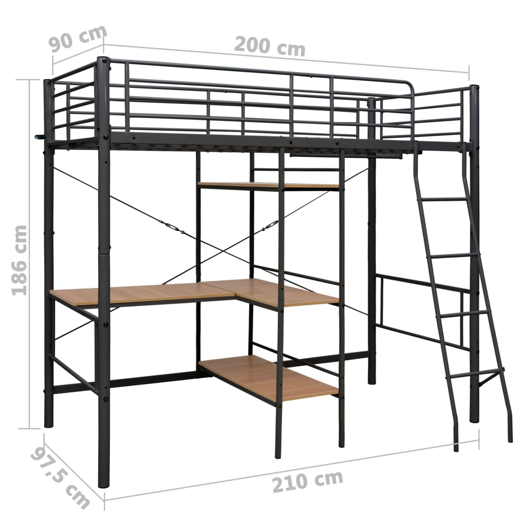 Lit superposé avec table sans matelas gris métal 90x200 cm
