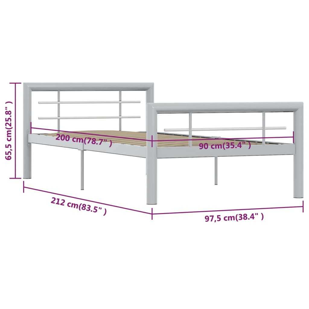 Cadre de lit sans matelas gris et blanc métal 90x200 cm - XIOS