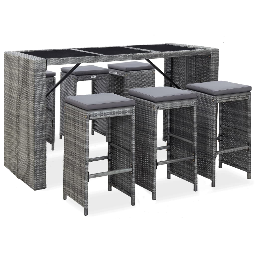 Meuble de bar de jardin 7 pcs et coussins Résine tressée Gris - XIOS