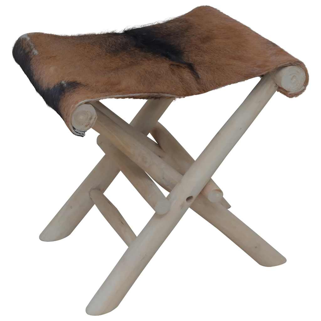 Tabouret pliable cuir de chèvre et bois de teck massif - XIOS
