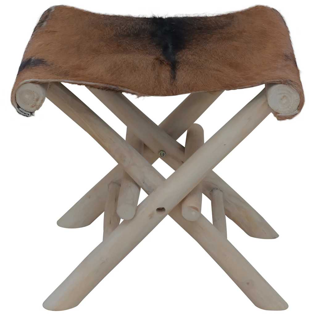 Tabouret pliable cuir de chèvre et bois de teck massif - XIOS