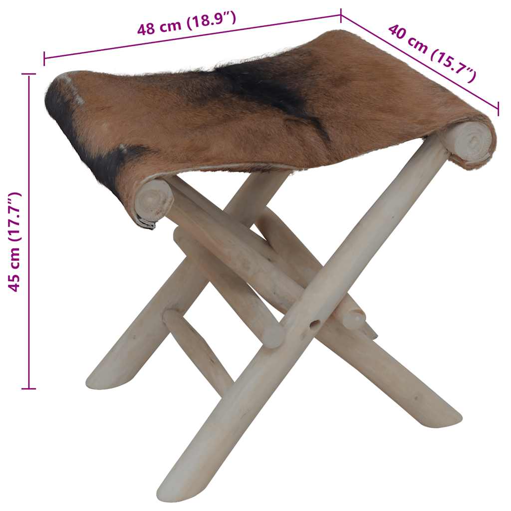 Tabouret pliable cuir de chèvre et bois de teck massif - XIOS