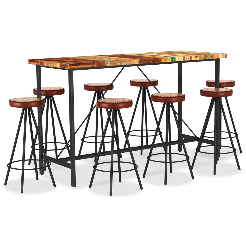 Ensemble de bar 9 pcs Bois de récupération et cuir véritable