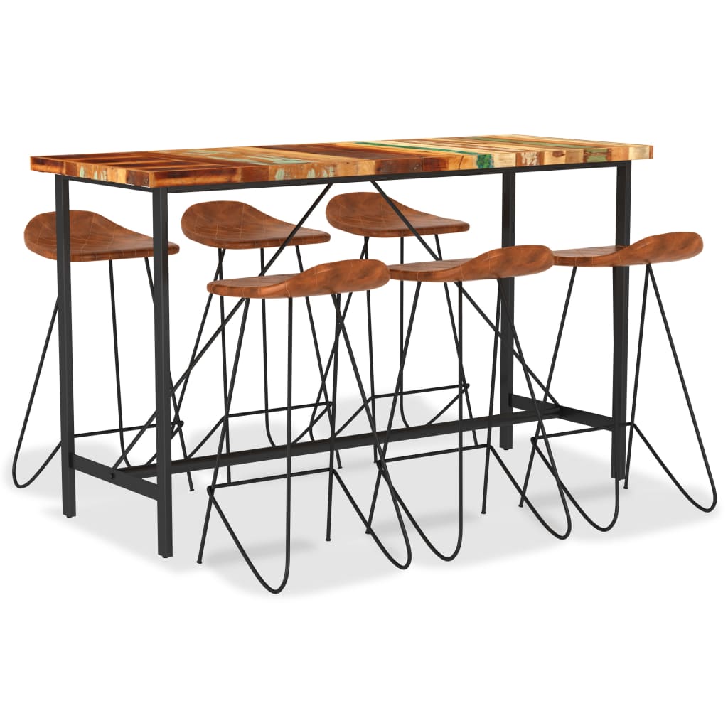 Ensemble de bar 7 pcs Bois de récupération et cuir véritable - XIOS