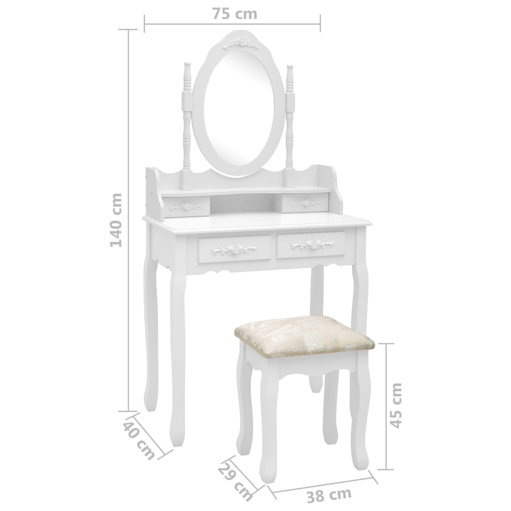 Ensemble de coiffeuse avec tabouret Blanc 75x69x140cm Paulownia - XIOS