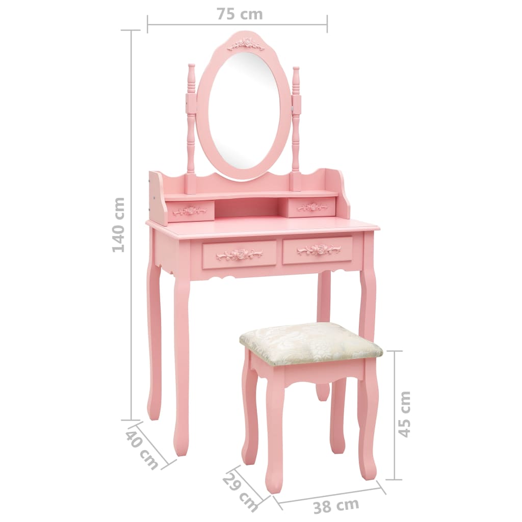 Ensemble de coiffeuse avec tabouret Rose 75x69x140 cm Paulownia - XIOS