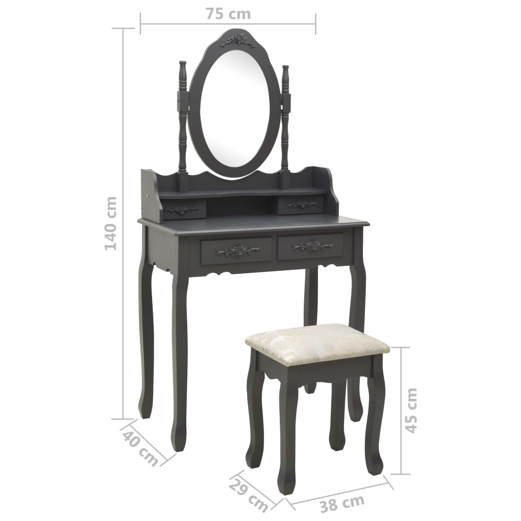 Ensemble de coiffeuse avec tabouret Gris 75x69x140 cm Paulownia - XIOS