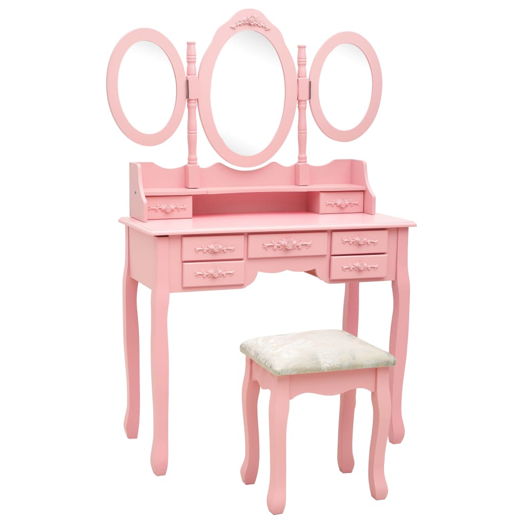 Coiffeuse avec tabouret et miroir pliable en 3 Rose - XIOS
