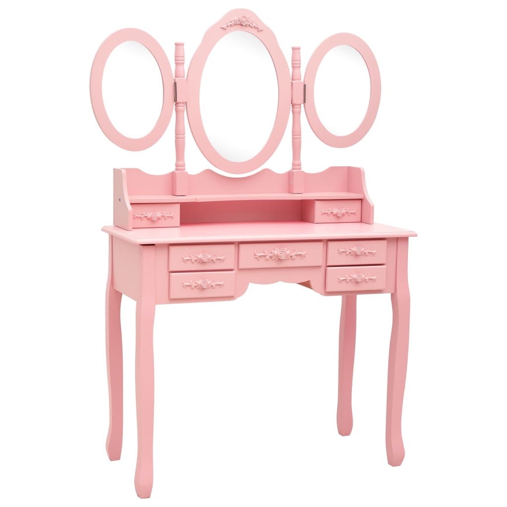 Coiffeuse avec tabouret et miroir pliable en 3 Rose - XIOS