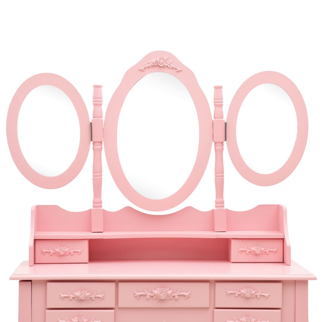 Coiffeuse avec tabouret et miroir pliable en 3 Rose - XIOS