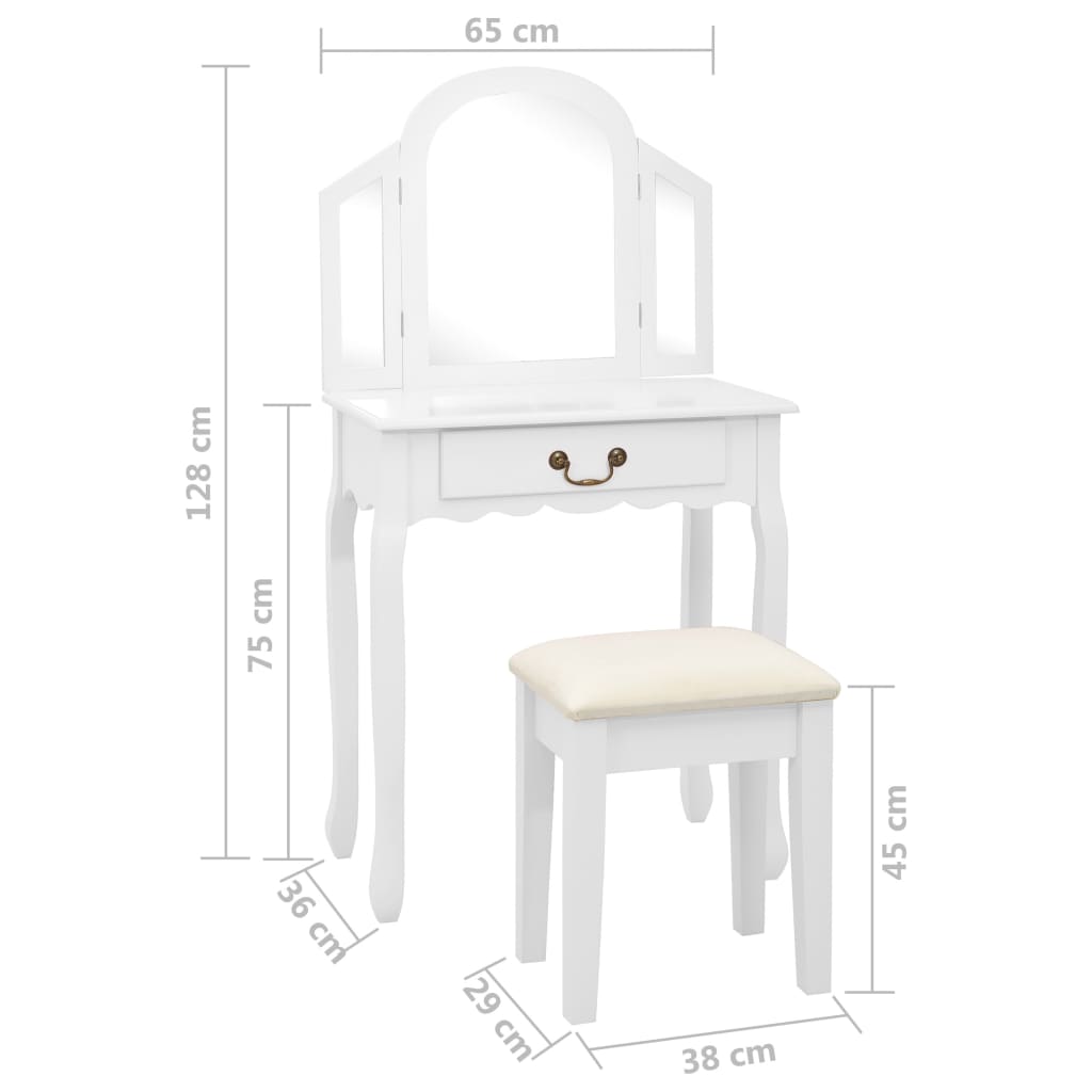 Coiffeuse et tabouret Blanc 65x36x128 cm Bois de paulownia MDF - XIOS