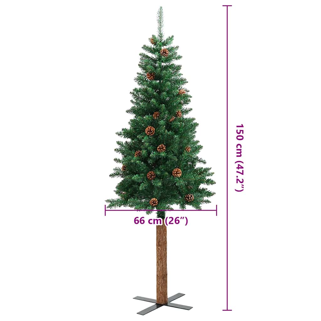 Sapin de Noël mince avec bois véritable et cônes vert 150cm PVC - XIOS