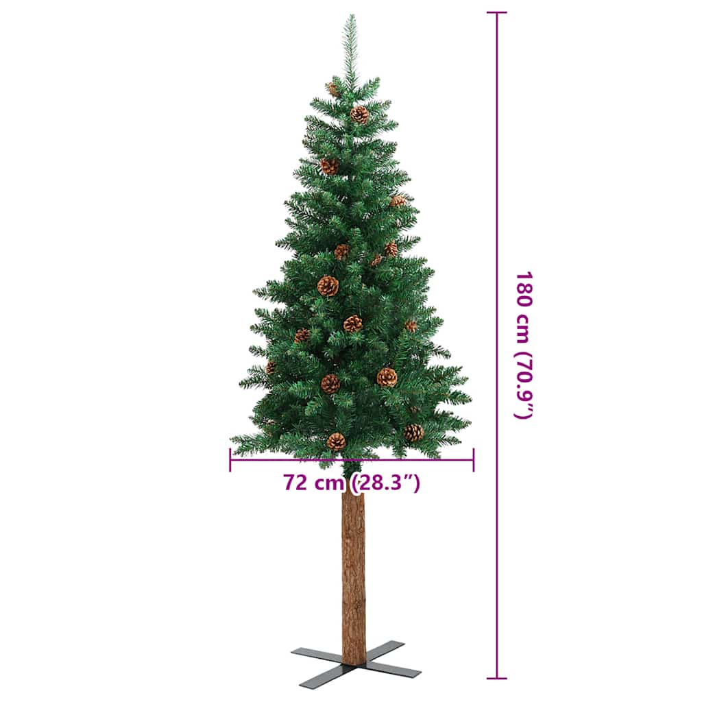 Sapin de Noël mince avec bois véritable et cônes vert 180cm PVC - XIOS
