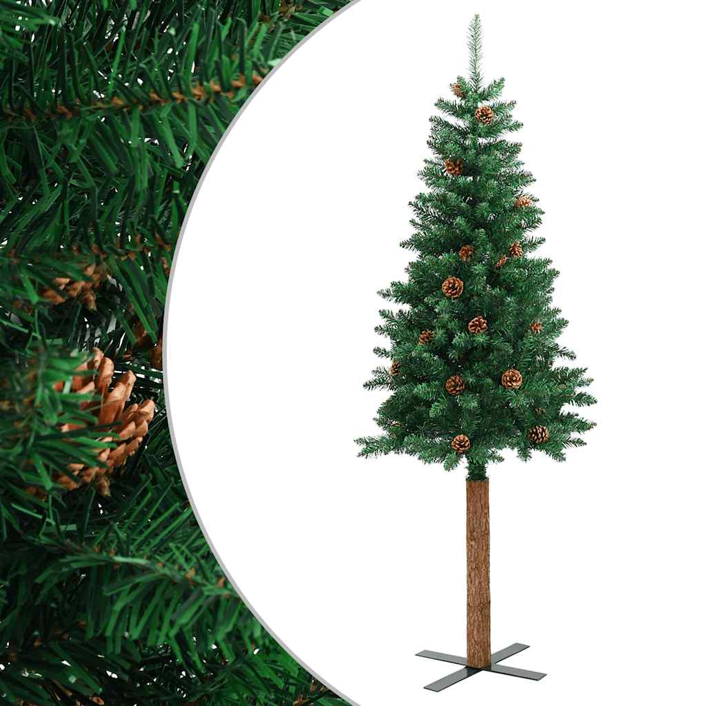 Sapin de Noël mince avec bois véritable et cônes vert 210cm PVC - XIOS