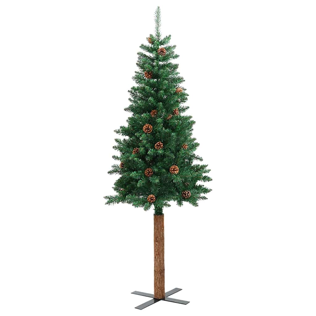 Sapin de Noël mince avec bois véritable et cônes vert 210cm PVC - XIOS