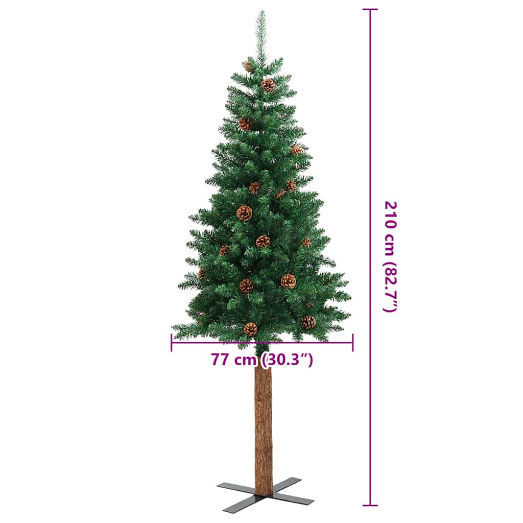 Sapin de Noël mince avec bois véritable et cônes vert 210cm PVC - XIOS
