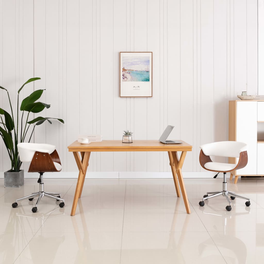 Chaise pivotante de bureau Blanc Bois courbé et similicuir - XIOS