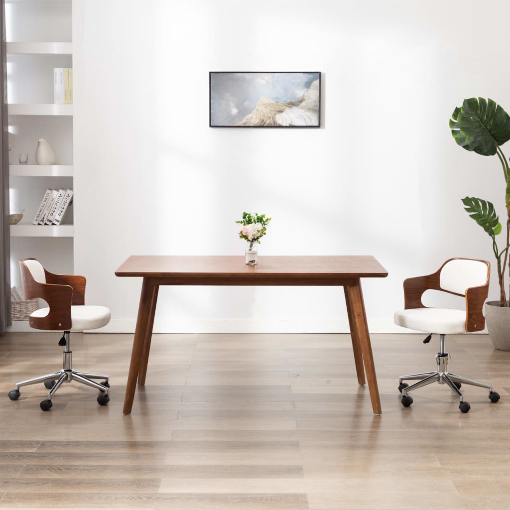 Chaise pivotante de bureau Blanc Bois courbé et similicuir