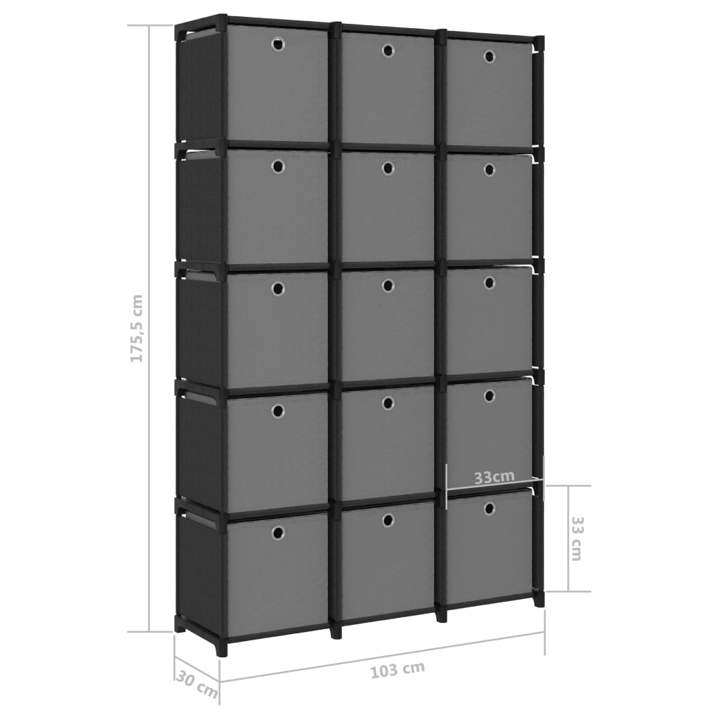 Étagère à 15 cubes avec boîtes Noir 103x30x175,5 cm Tissu - XIOS