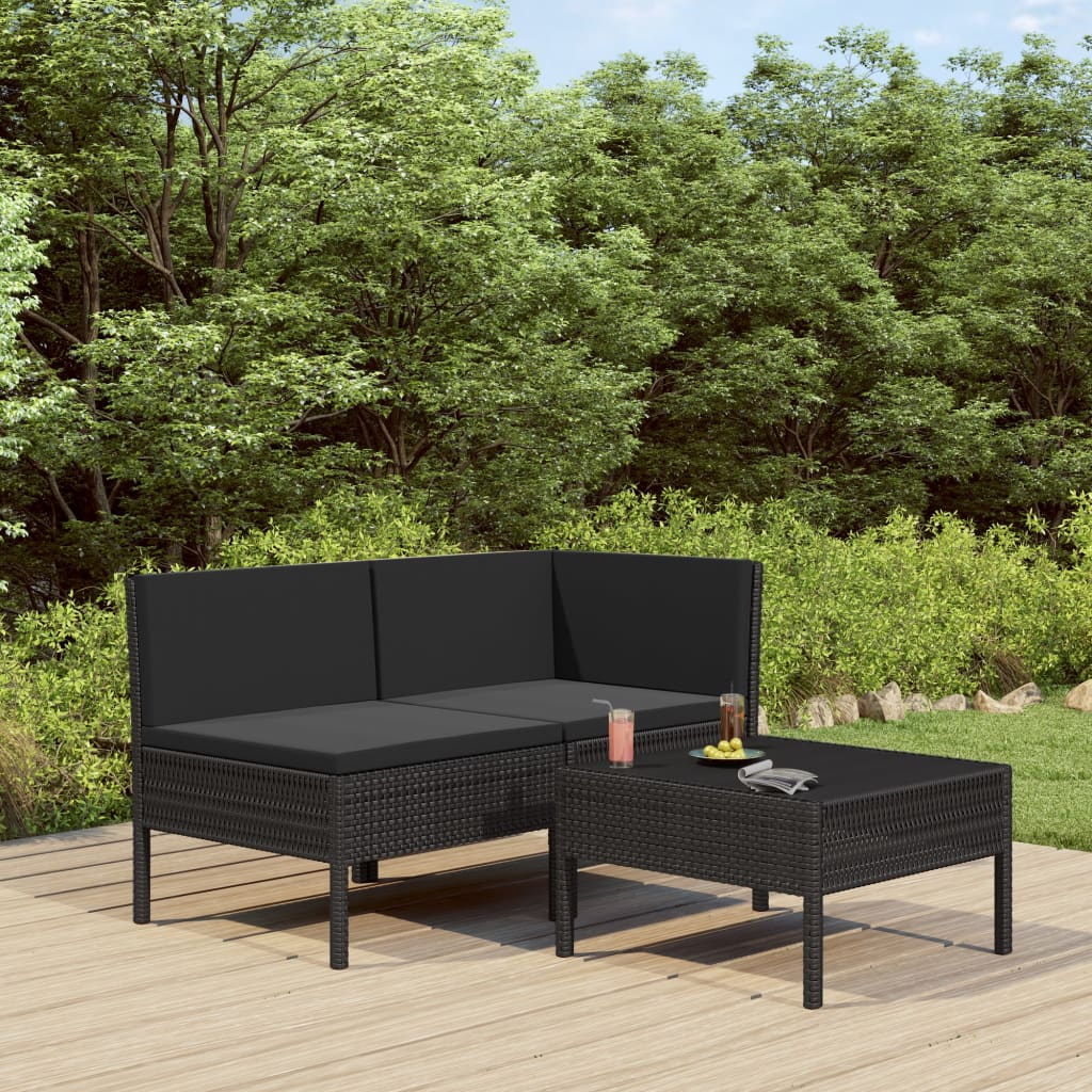Salon de jardin 3 pcs avec coussins Résine tressée Noir