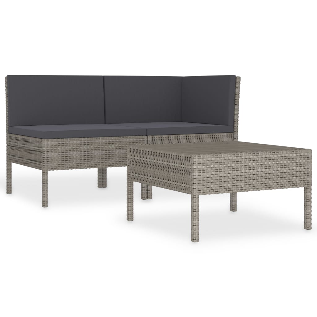 Salon de jardin 3 pcs avec coussins Résine tressée Gris