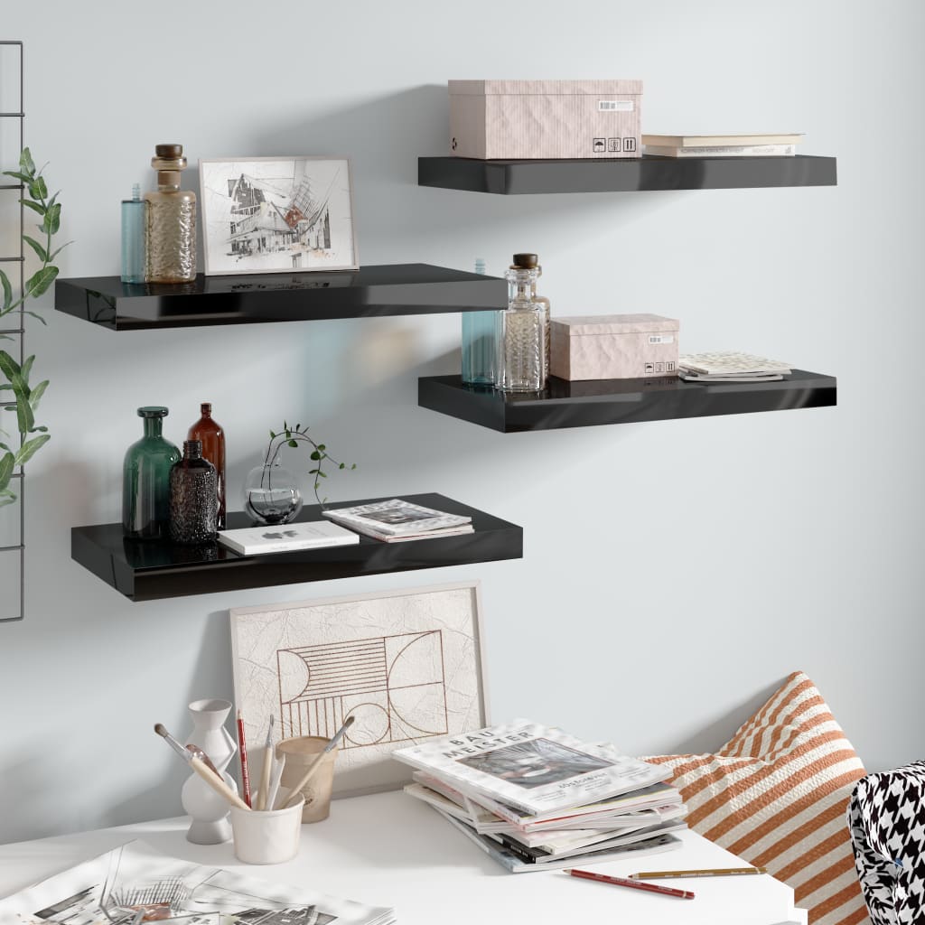 Étagère murale flottante 4 pcs Noir brillant 50x23x3,8 cm MDF - XIOS
