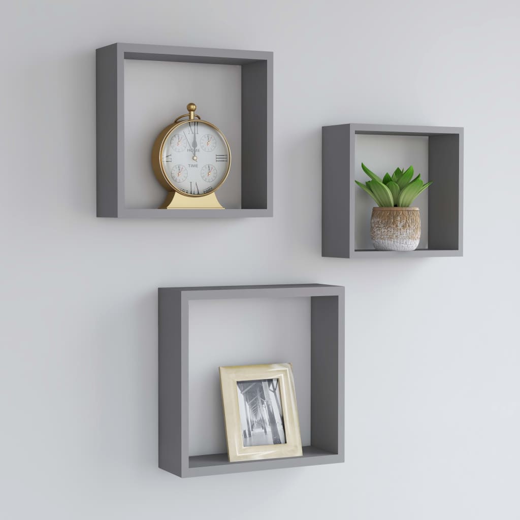 Étagères murales sous forme de cube 3 pcs Gris MDF - XIOS