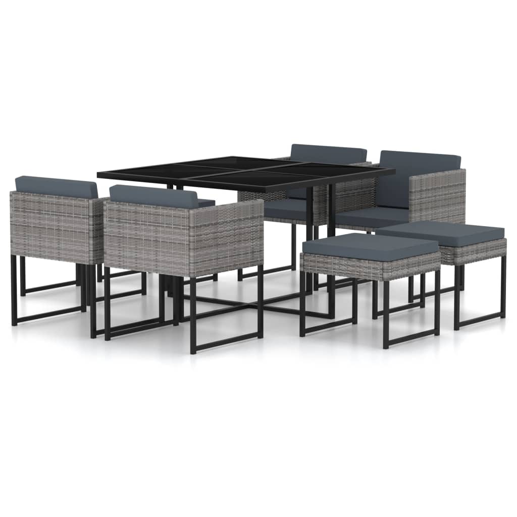 Ensemble à manger de jardin coussins 9pcs Résine tressée Gris