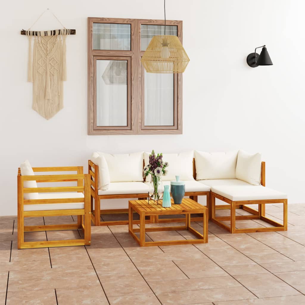 Salon de jardin 6 pcs avec coussin Crème Bois d'acacia solide